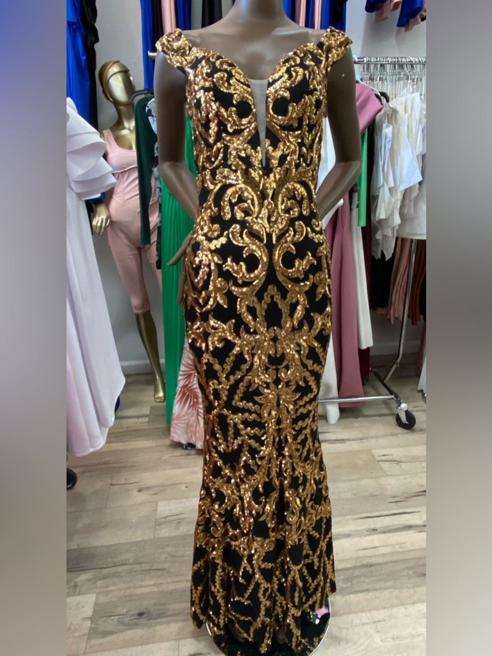 Elegant Black & Gold Sequin Evening Gown